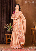 Orange Floral Printed And Zari Striped Tussar Saree - Taashi