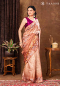 Orange Floral Printed And Zari Striped Tussar Saree - Taashi