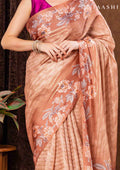Orange Floral Printed And Zari Striped Tussar Saree - Taashi