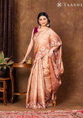 Orange Floral Printed And Zari Striped Tussar Saree - Taashi