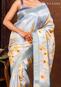 Dusty Blue Floral Printed Tissue Organza Saree - Taashi