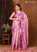 Violet Floral Printed And Zari Striped Tussar Saree - Taashi