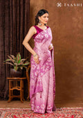 Violet Floral Printed And Zari Striped Tussar Saree - Taashi