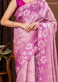 Violet Floral Printed And Zari Striped Tussar Saree - Taashi