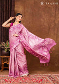 Violet Floral Printed And Zari Striped Tussar Saree - Taashi