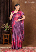 Plum Checks And Bold Floral Printed Satin Saree - Taashi