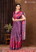 Plum Checks And Bold Floral Printed Satin Saree - Taashi