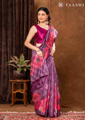 Plum Checks And Bold Floral Printed Satin Saree - Taashi