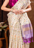 Off White And Lavender Muticolor Watercolor Floral Organza Saree - Taashi