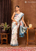 Off White And Blue Floral Printed Tissue Organza Saree - Taashi