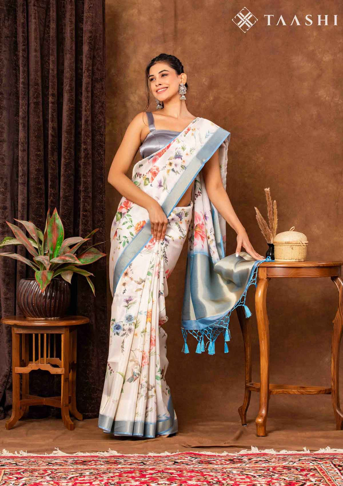 Cream Tissue Contemporary Printed Saree