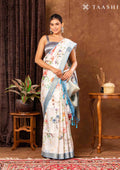 Off White And Blue Floral Printed Tissue Organza Saree - Taashi