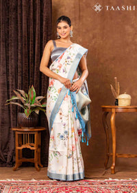Cream Tissue Contemporary Printed Saree