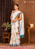 Off White And Blue Floral Printed Tissue Organza Saree - Taashi