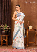 Off White And Blue Floral Printed Tissue Organza Saree - Taashi