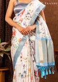 Off White And Blue Floral Printed Tissue Organza Saree - Taashi