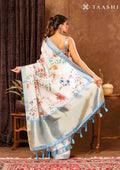Off White And Blue Floral Printed Tissue Organza Saree - Taashi