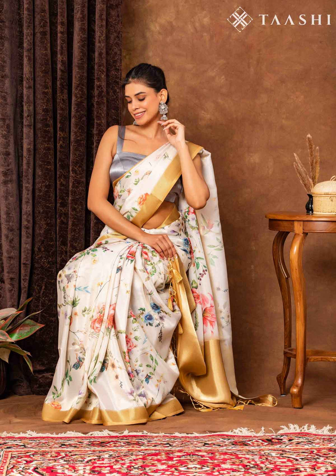 Cream Tissue Contemporary Printed Saree