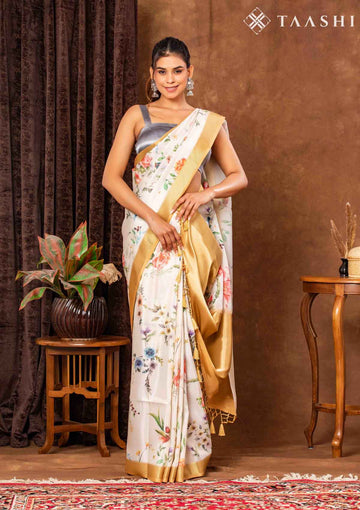 Cream Tissue Contemporary Printed Saree