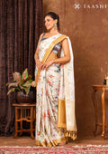 OffWhite And Amber Golden Floral Printed Tissue Organza Saree - Taashi