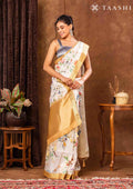 OffWhite And Amber Golden Floral Printed Tissue Organza Saree - Taashi