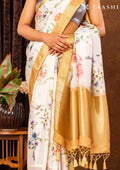 OffWhite And Amber Golden Floral Printed Tissue Organza Saree - Taashi