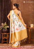 OffWhite And Amber Golden Floral Printed Tissue Organza Saree - Taashi