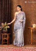 Grey Floral Printed And Zari Striped Tussar Saree - Taashi
