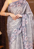 Grey Floral Printed And Zari Striped Tussar Saree - Taashi