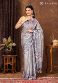 Grey Floral Printed And Zari Striped Tussar Saree - Taashi