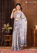 Grey Floral Printed And Zari Striped Tussar Saree - Taashi