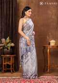 Grey Floral Printed And Zari Striped Tussar Saree - Taashi