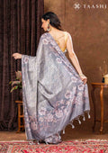 Grey Floral Printed And Zari Striped Tussar Saree - Taashi
