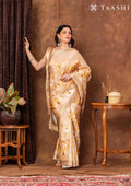 Beige And Golden Floral Printed Tissue Organza Saree - Taashi