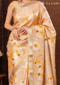 Beige And Golden Floral Printed Tissue Organza Saree - Taashi