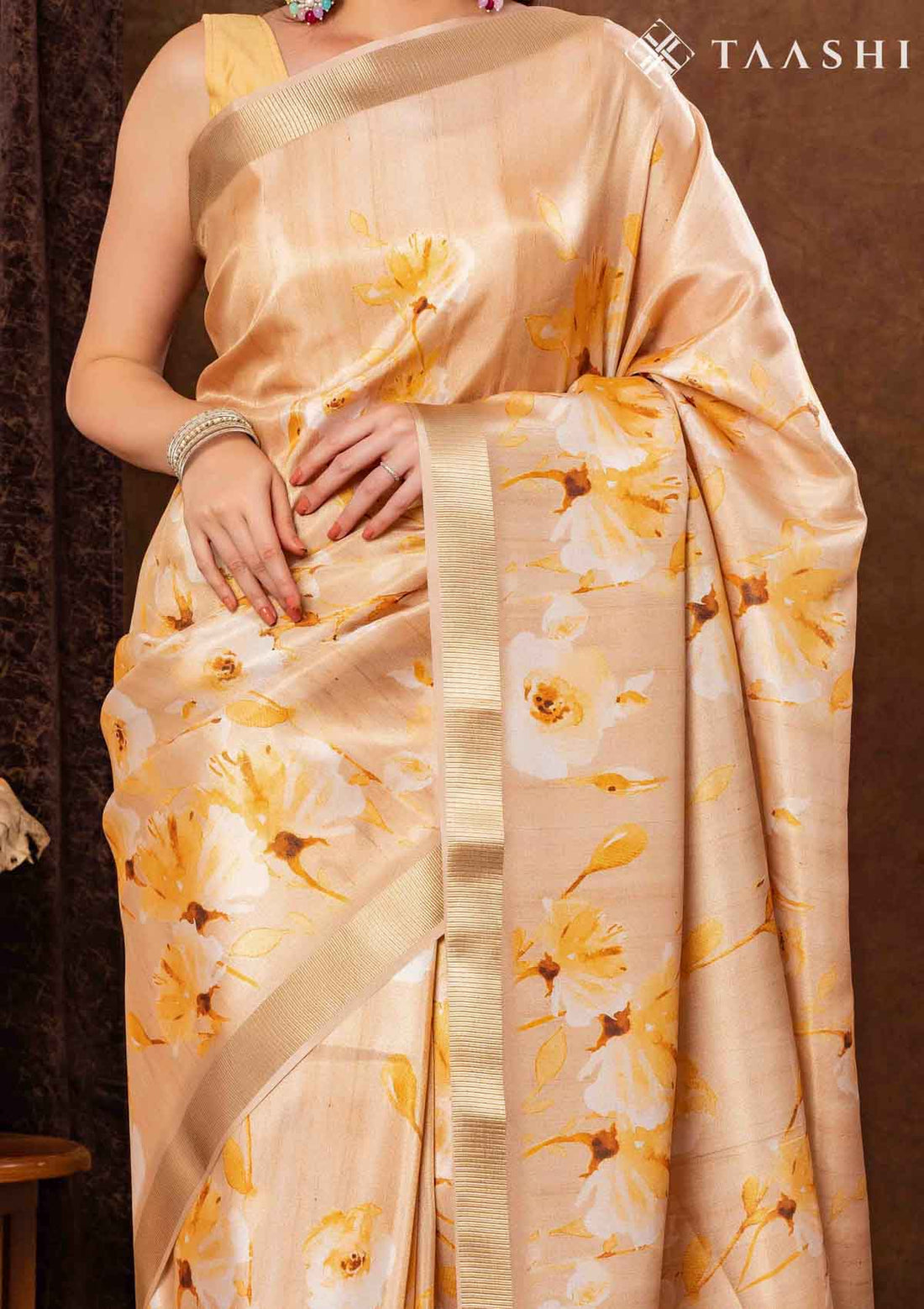Beige Tissue Contemporary Printed Saree