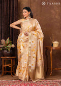 Beige And Golden Floral Printed Tissue Organza Saree - Taashi