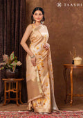 Beige And Golden Floral Printed Tissue Organza Saree - Taashi