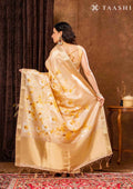 Beige And Golden Floral Printed Tissue Organza Saree - Taashi