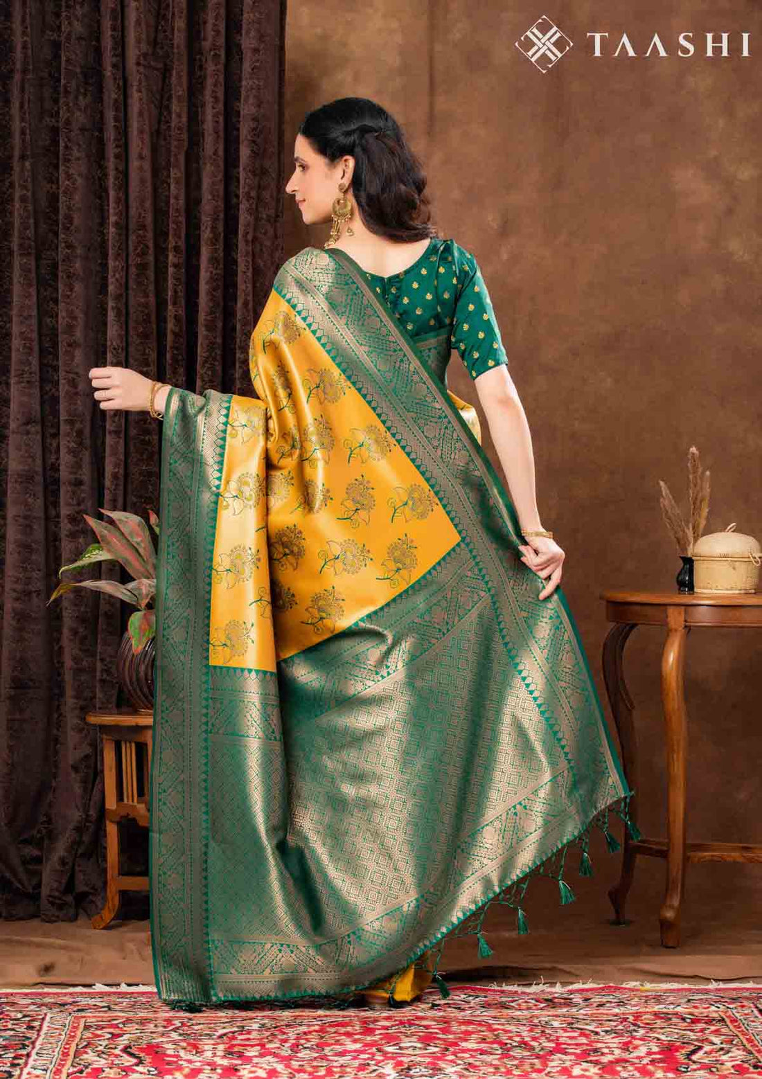 Mustard Floral Tissue Brocade Silk Saree - Taashi