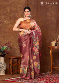 Maroon Floral Printed Tissue Organza Saree - Taashi