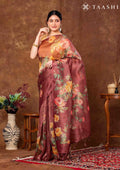 Maroon Floral Printed Tissue Organza Saree - Taashi