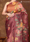 Maroon Floral Printed Tissue Organza Saree - Taashi