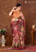 Maroon Floral Printed Tissue Organza Saree - Taashi