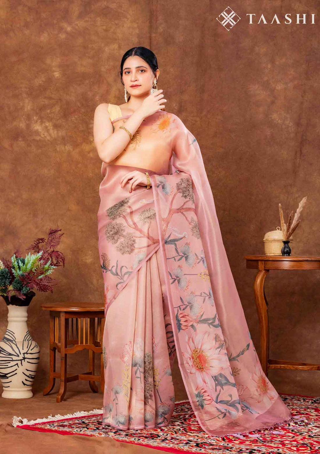 Dusty Blush Pink Tissue Contemporary Printed Saree