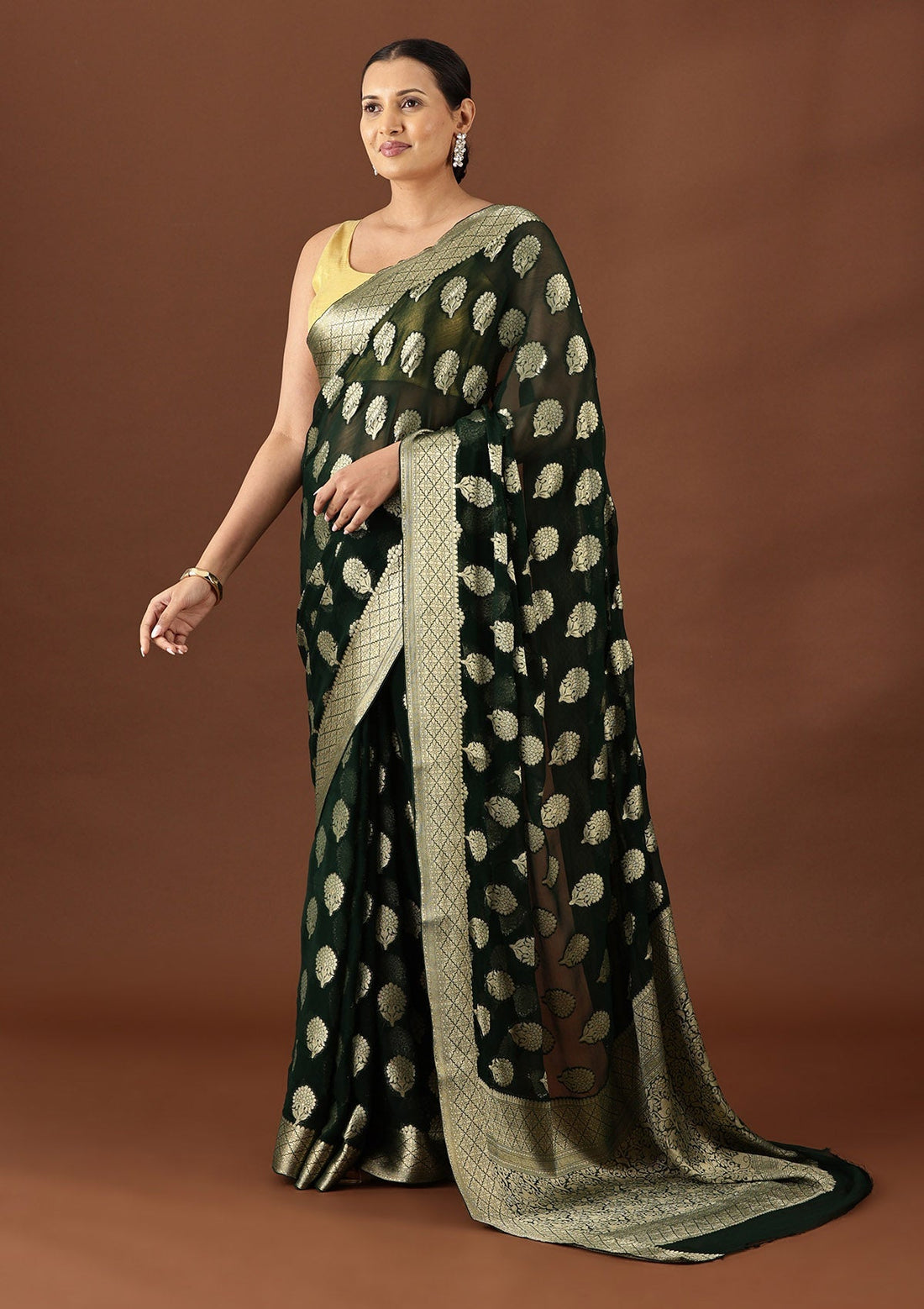Dark Green Contemporary Woven Chiffon Saree