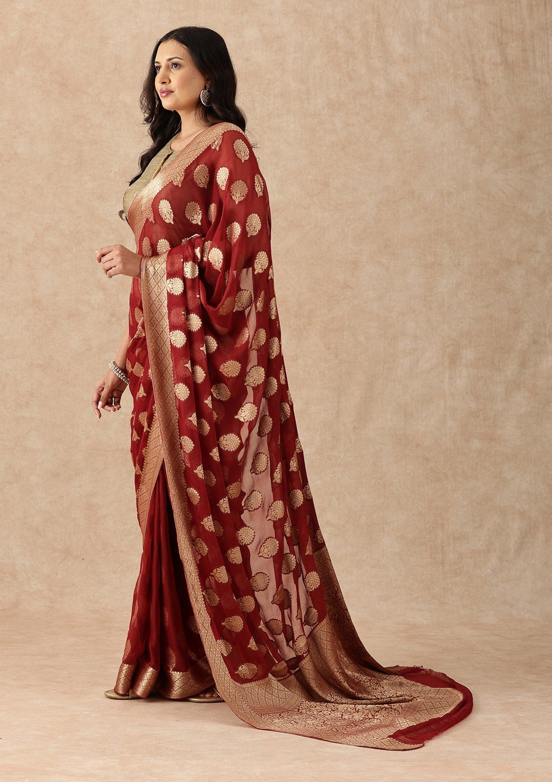 Crimson Red Contemporary Woven Chiffon Saree