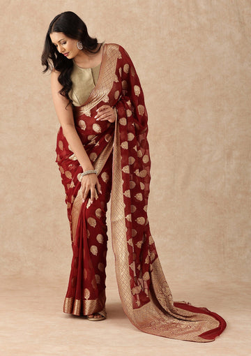 Crimson Red Contemporary Woven Chiffon Saree