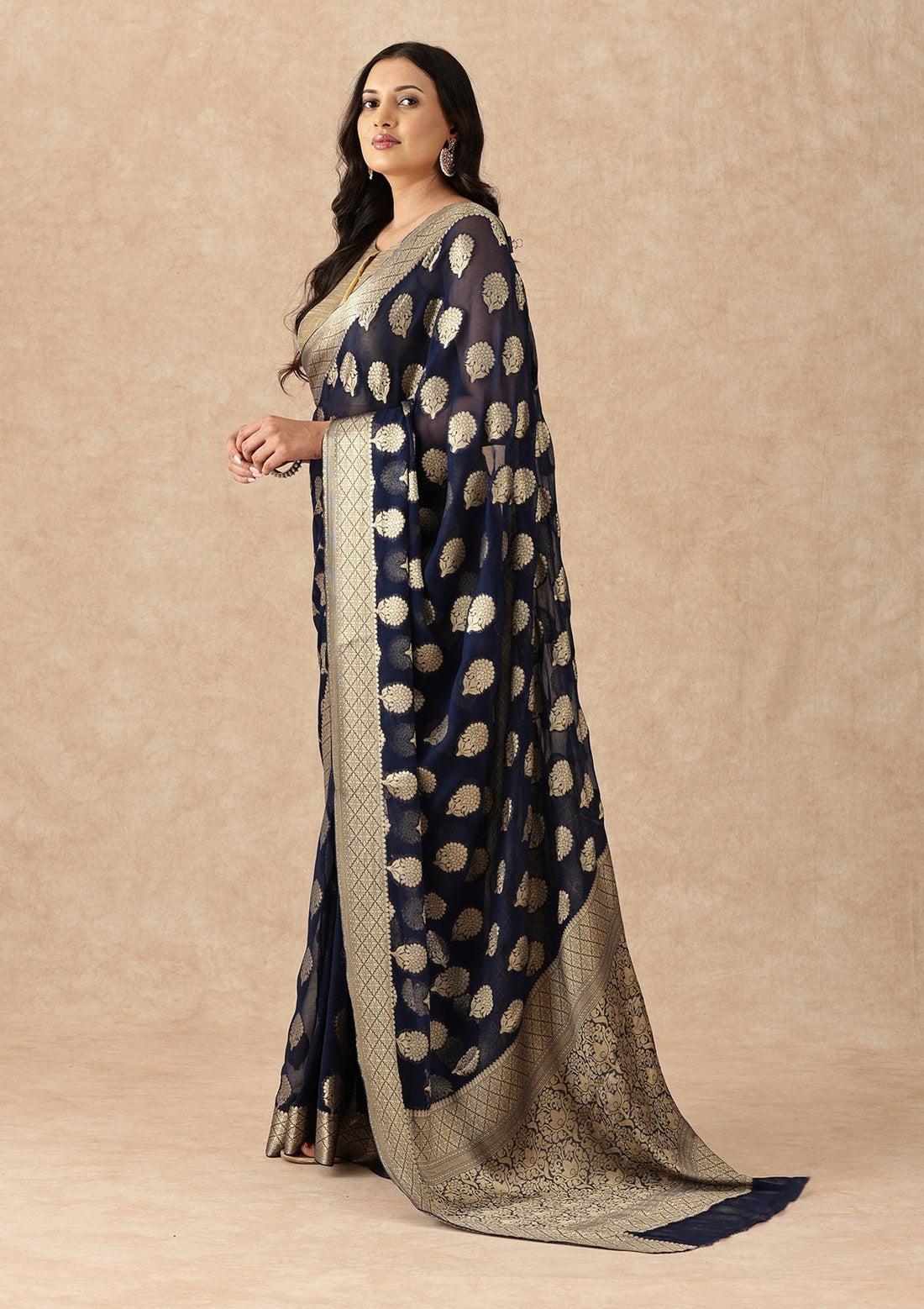 Navy Blue Contemporary Woven Chiffon Saree