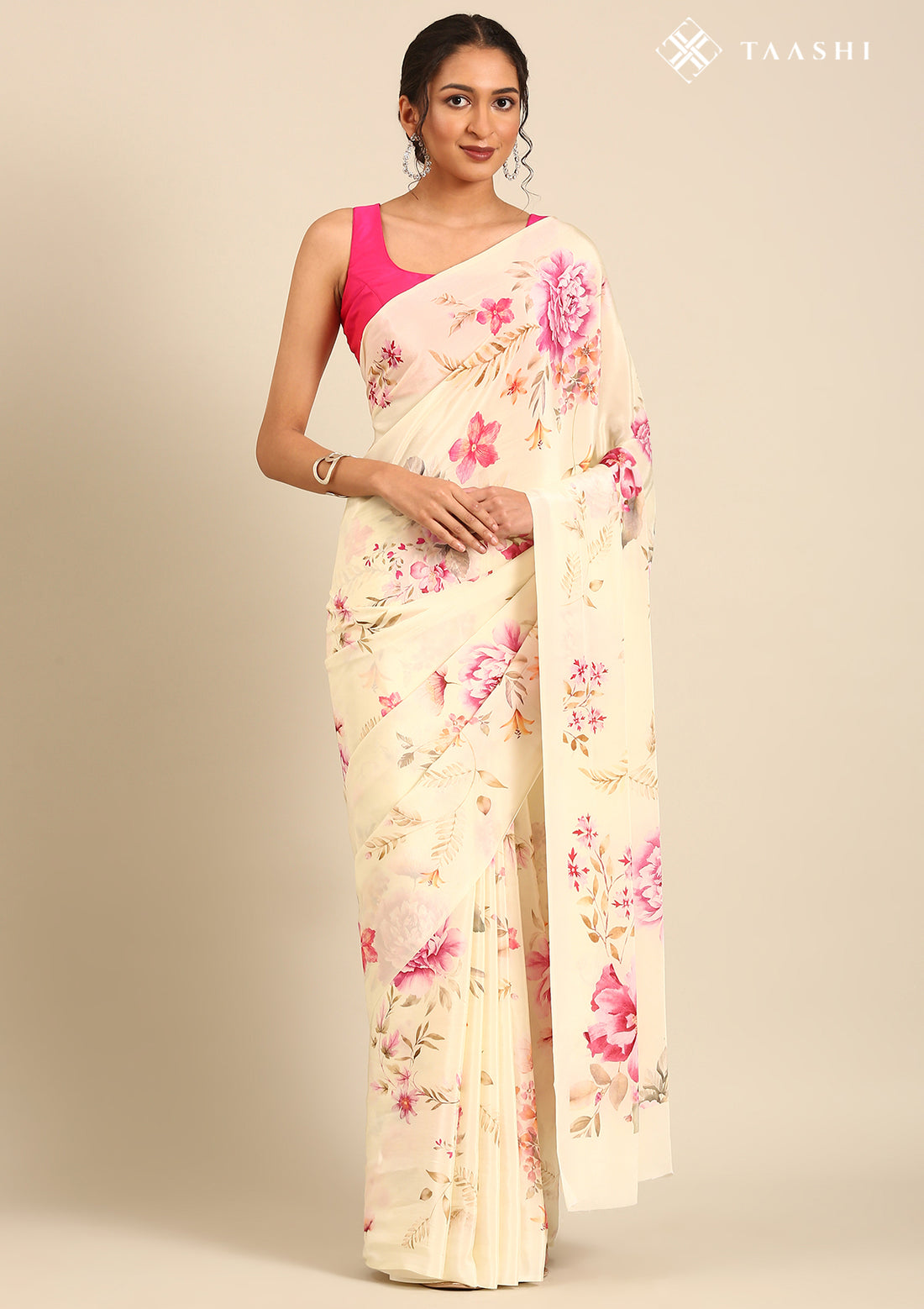 Cream Floral Printed Crepe Saree